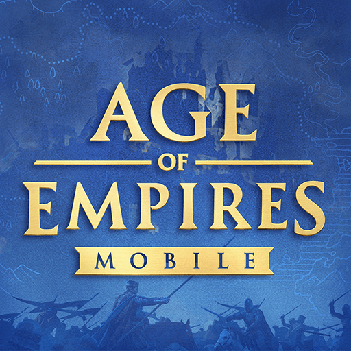Золотой логотип Age of Empires Mobile на синем фоне с картой и силуэтами воинов