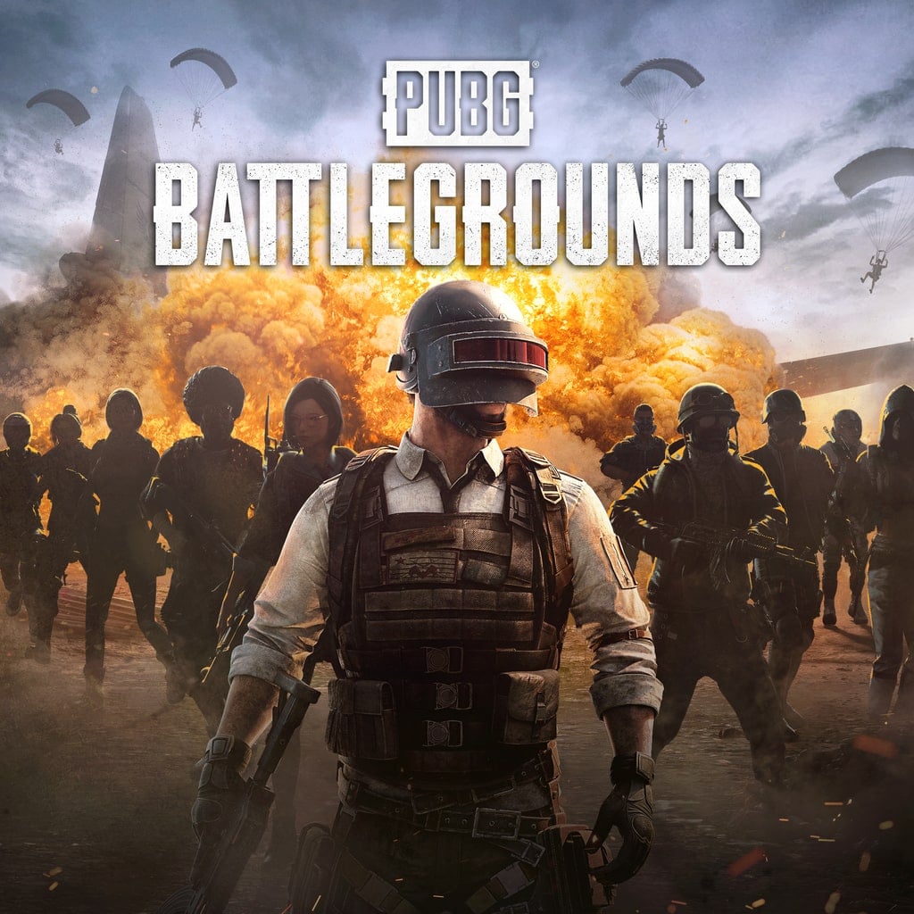 Боец в шлеме и полный логотип PUBG Battlegrounds на фоне взрыва