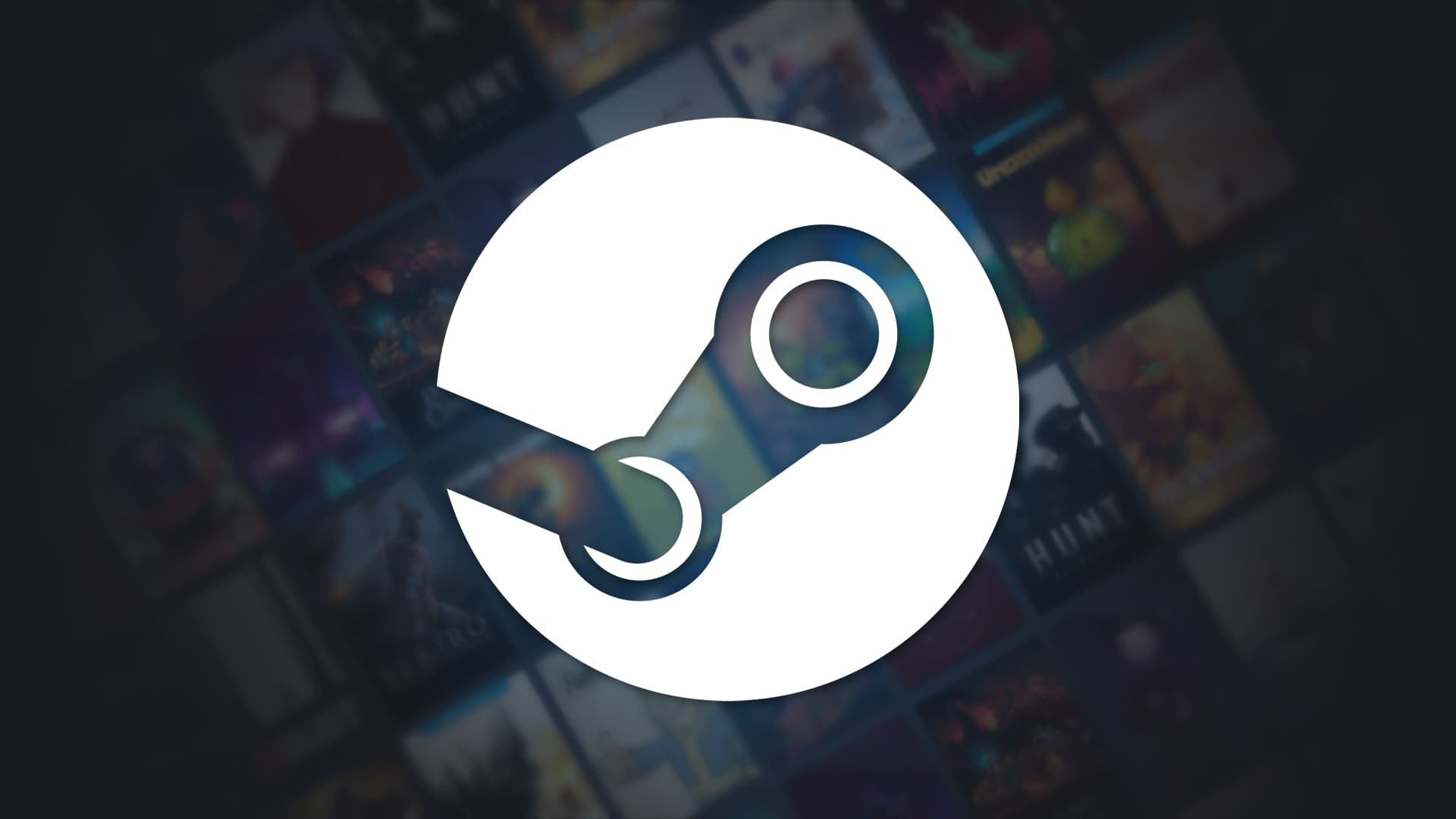 Белый знак Steam на тёмной мозаике игровых обложек