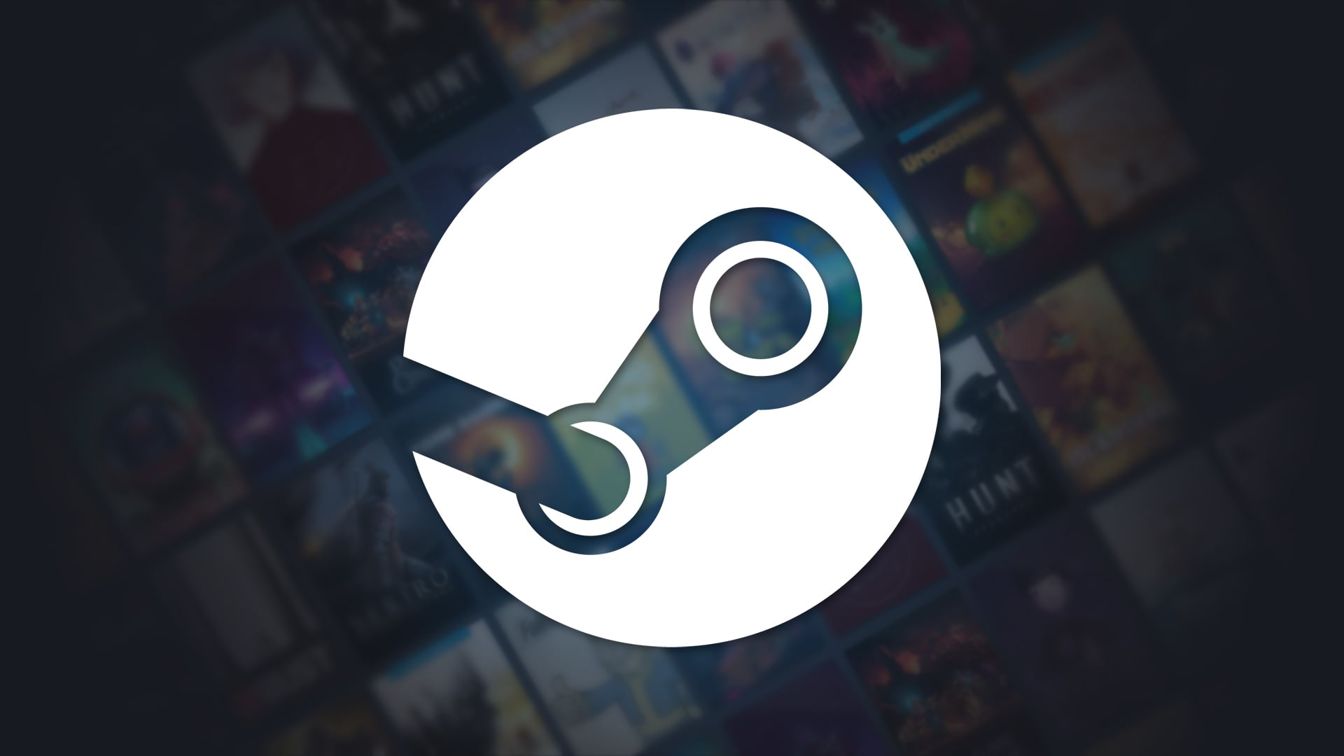 Белый знак Steam на тёмной мозаике игровых обложек