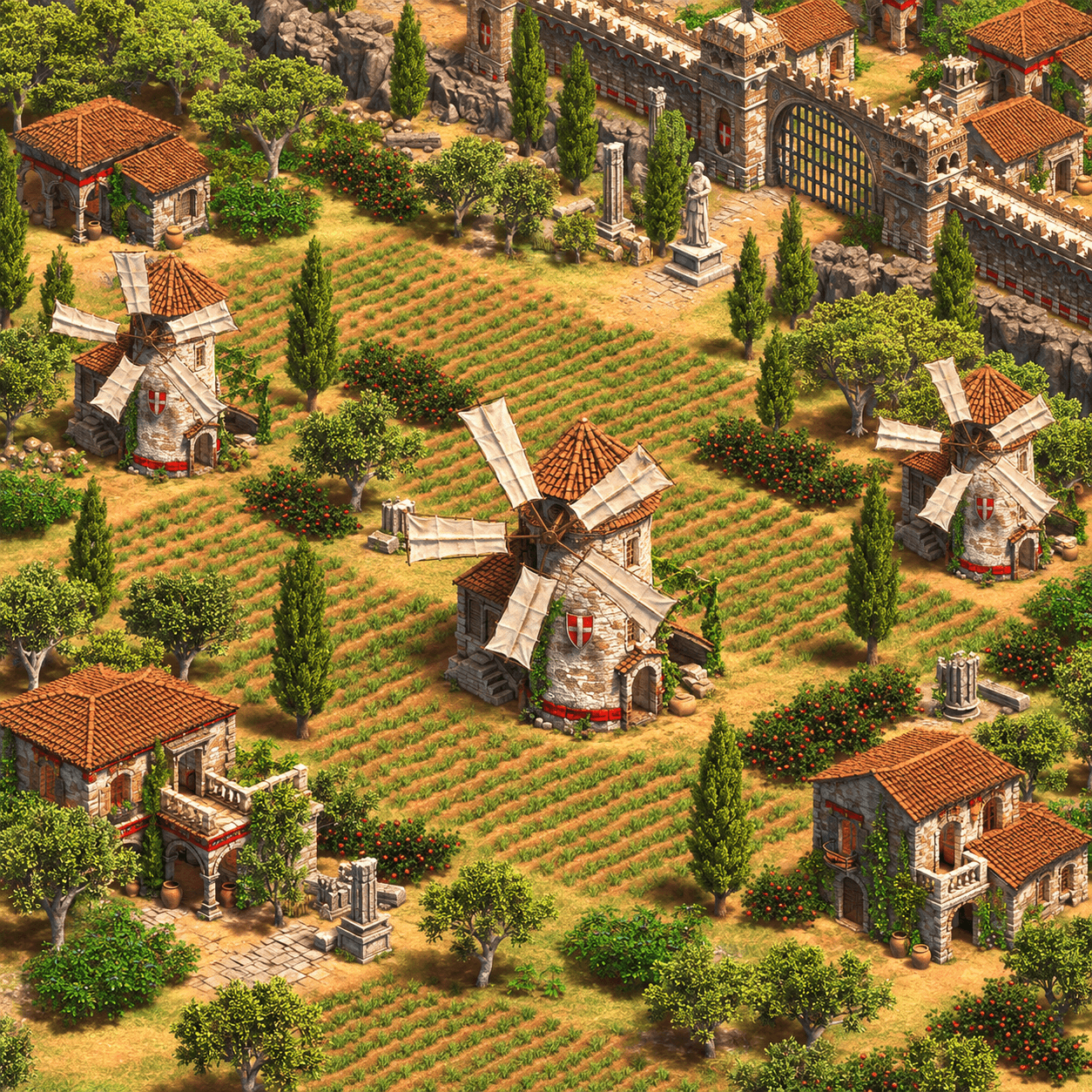 Мельницы, поля и каменные стены Age of Empires II: Definitive Edition — сгенерированная адаптация официального игрового референса