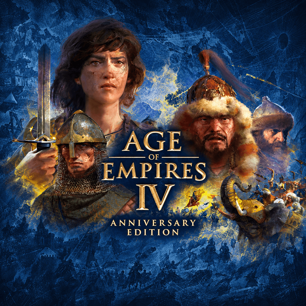 Квадратная генеративная адаптация официальной обложки Age of Empires IV: Anniversary Edition: исторические персонажи и золотой логотип на синем фоне.
