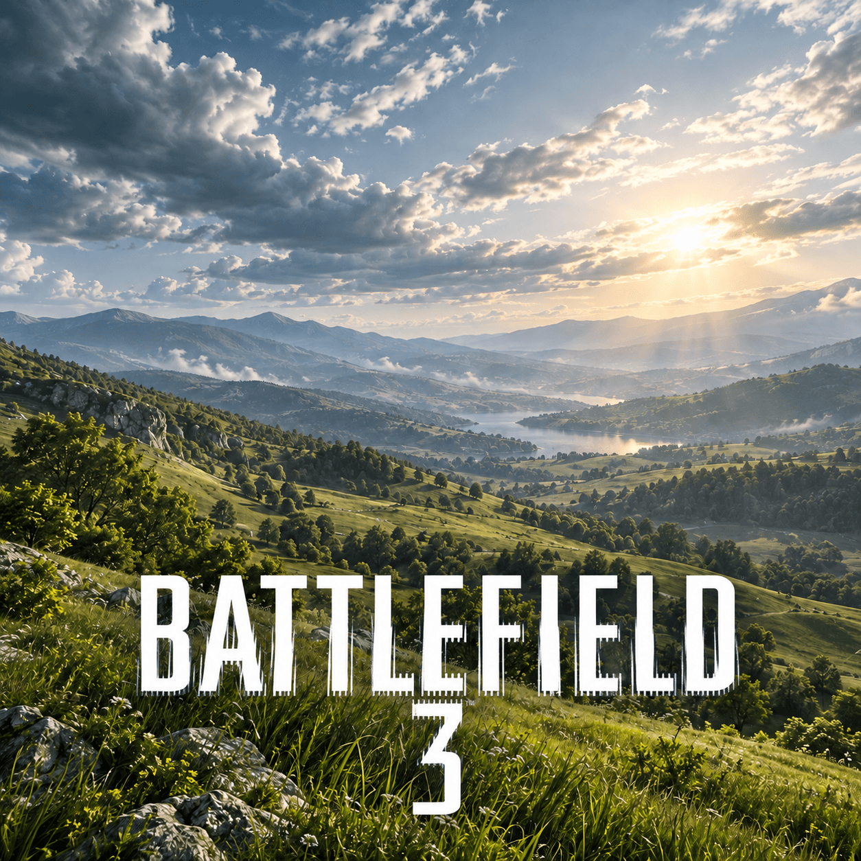 Авторский пейзаж зелёной долины и облачного неба с логотипом Battlefield 3; сгенерированная композиция