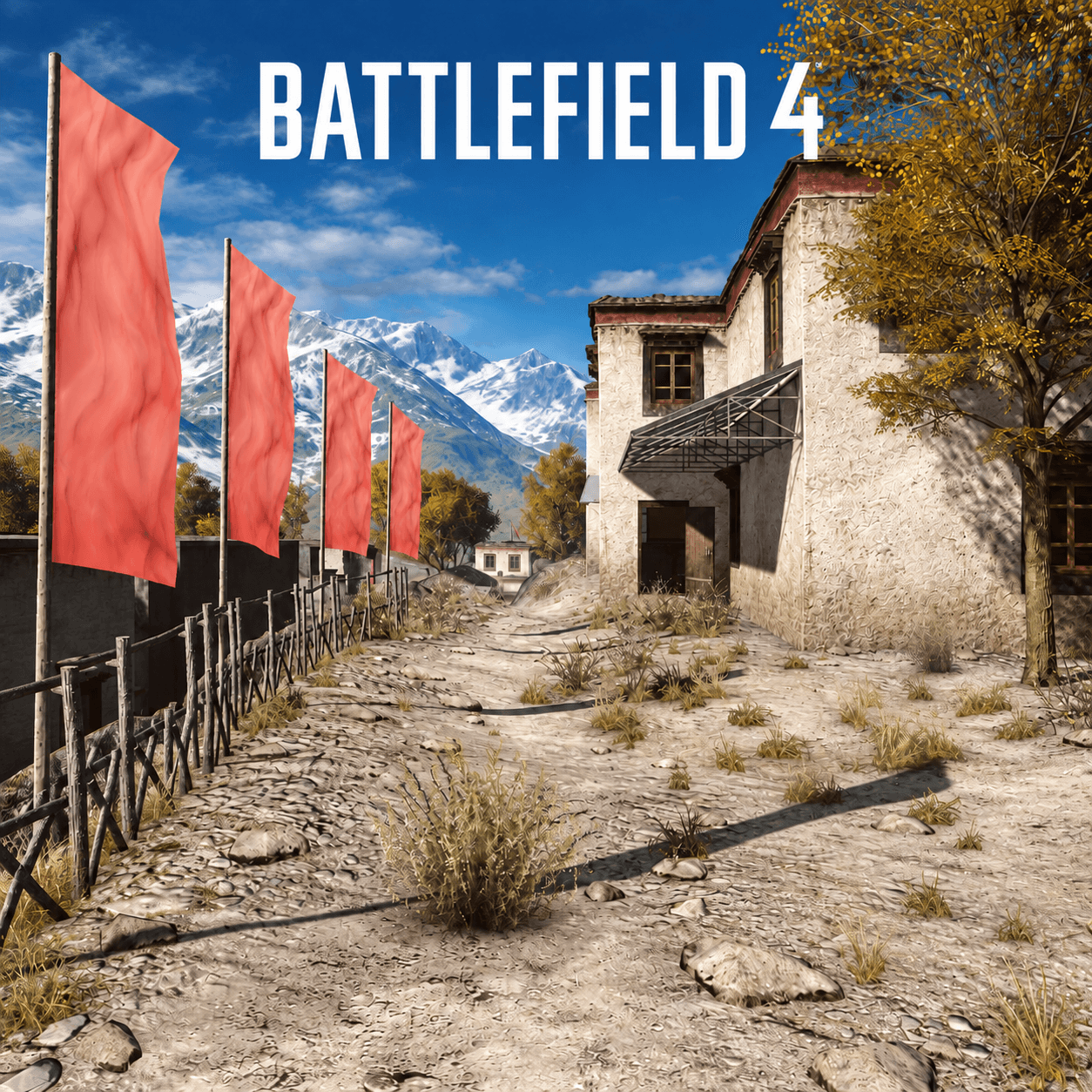 Логотип Battlefield 4 над мирным пейзажем горной деревни: красные полотнища, каменная дорога и снежные вершины; сгенерированная адаптация материалов EA.
