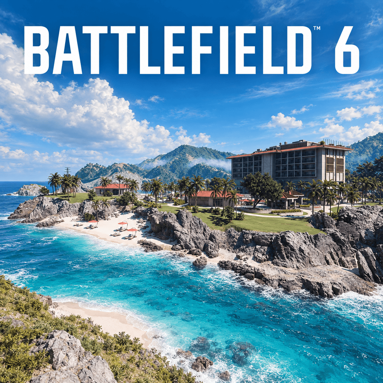 Battlefield 6: прибрежный отель, скалистая бухта и белый логотип игры; сгенерированная адаптация официального кадра Tsuru Reef.