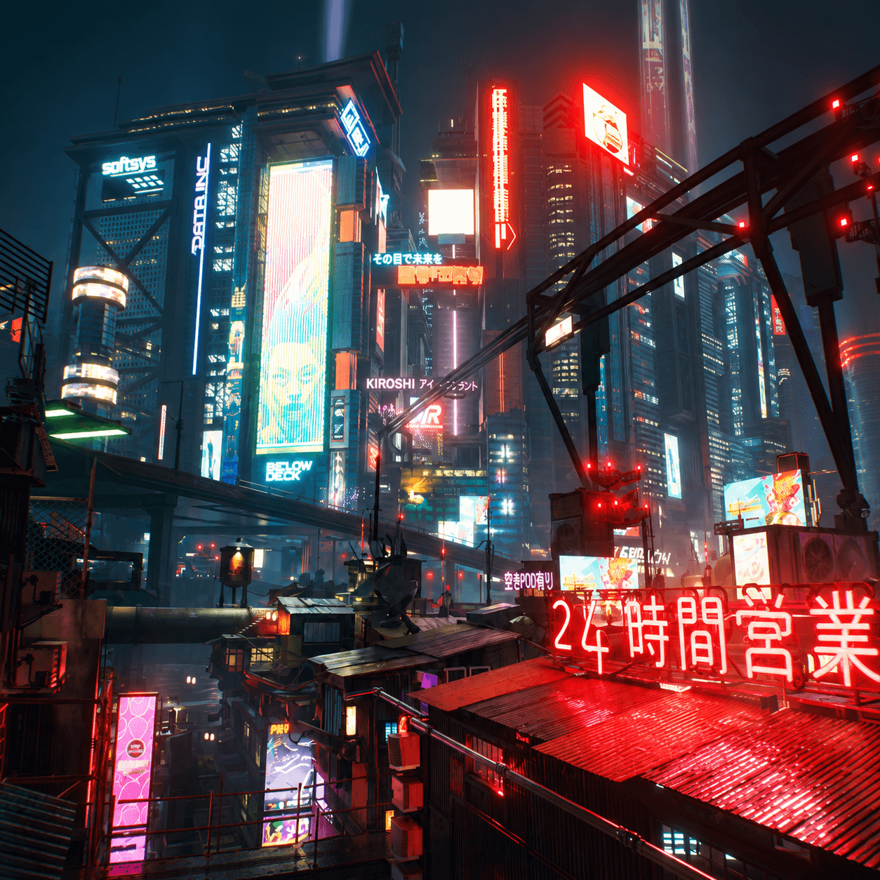 Сгенерированная адаптация Night City: неоновые высотки, надземная железная дорога и красные вывески над крышами.