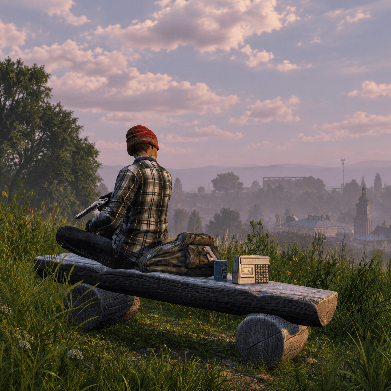 Сгенерированная адаптация официального кадра DayZ: выживший в красной шапке сидит на деревянной скамье рядом с рюкзаком и радиоприёмником над туманным поселением.