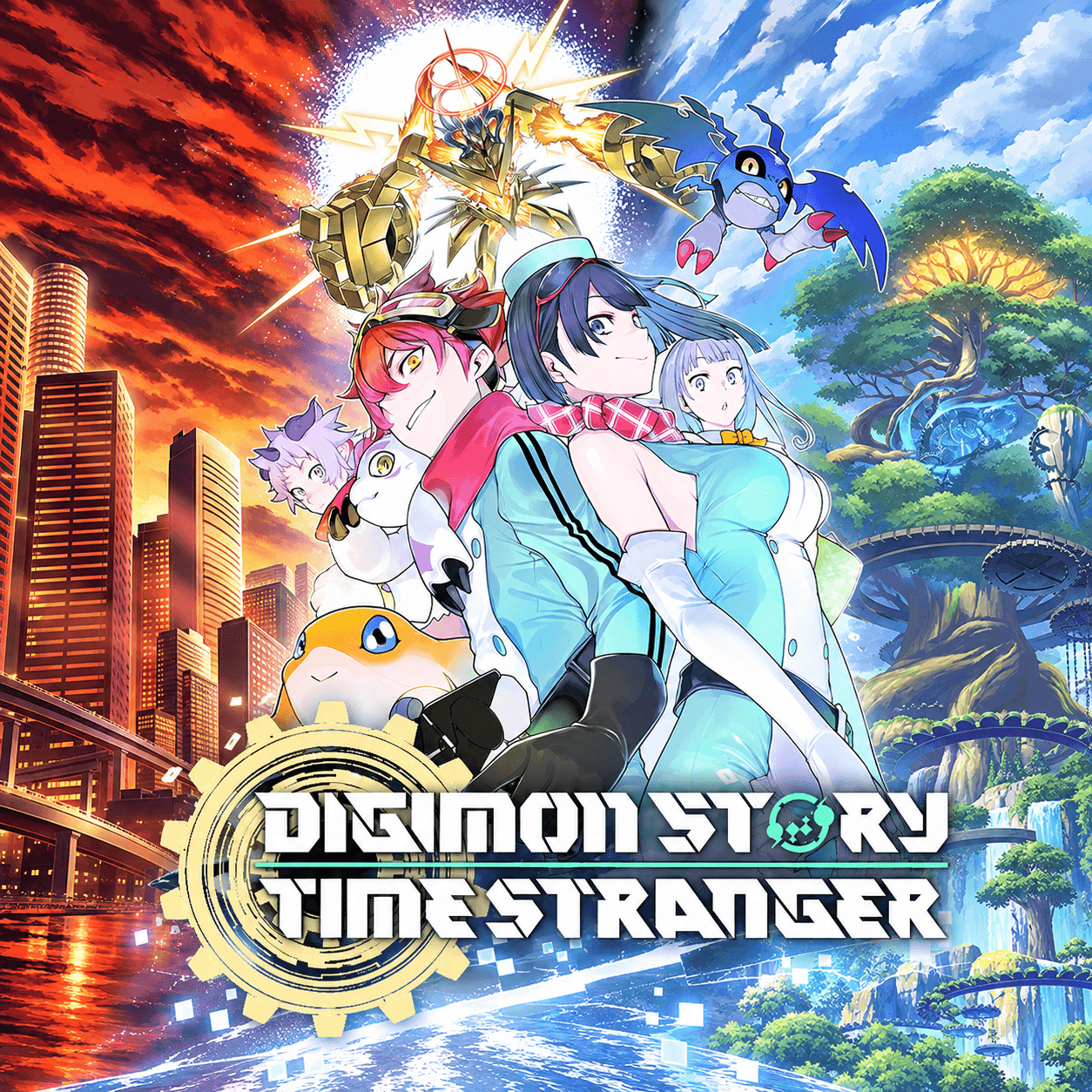 Сгенерированная адаптация официального арта Digimon Story Time Stranger: герои и Digimon между городом и зелёным цифровым миром.