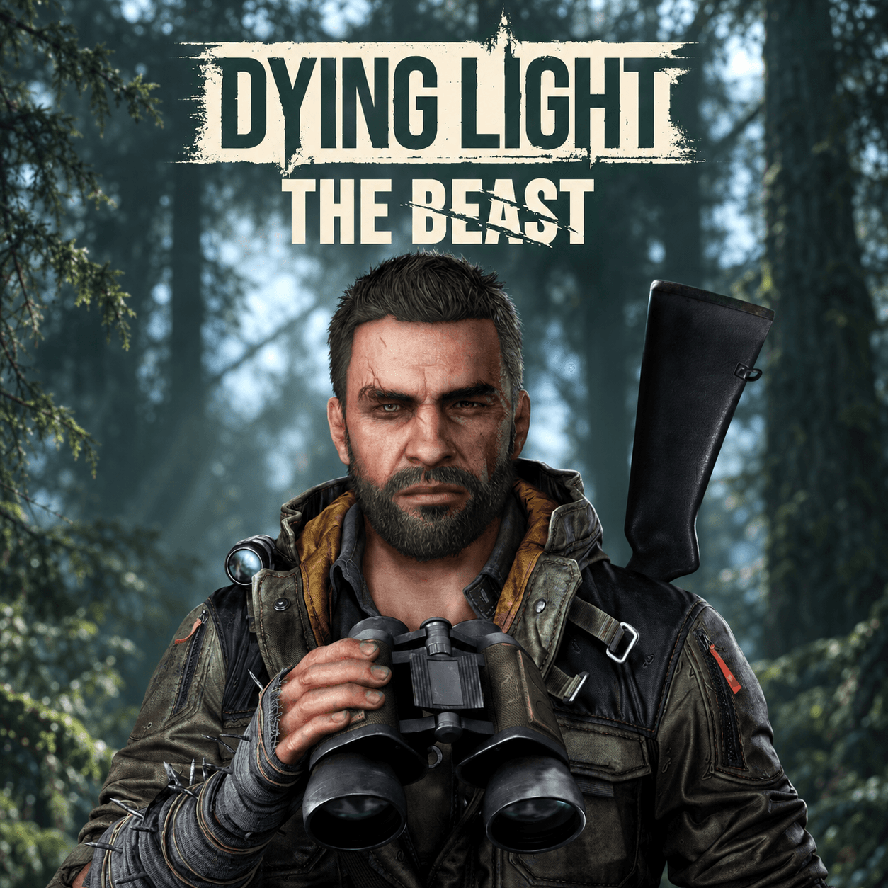 Dying Light: The Beast — Кайл Крейн с биноклем на фоне хвойного леса и официальный светлый wordmark; сгенерированная адаптация портрета Techland.
