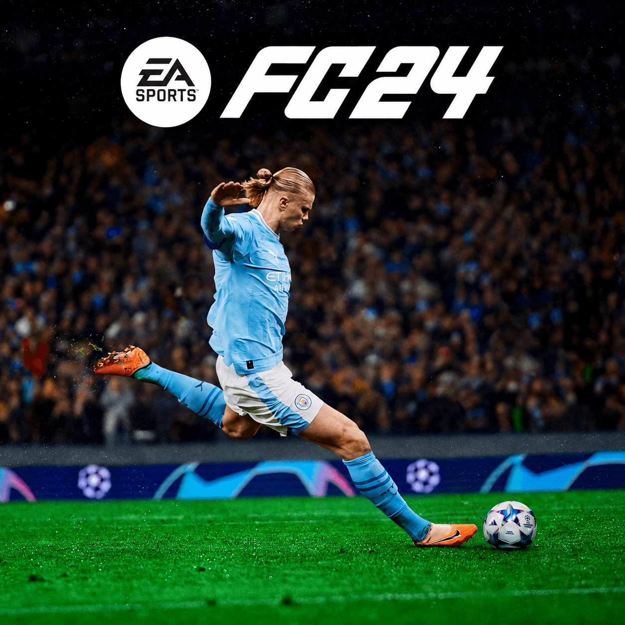 EA SPORTS FC 24: Эрлинг Холанд бьёт по мячу на стадионе; сгенерированная квадратная адаптация официального Standard key art.