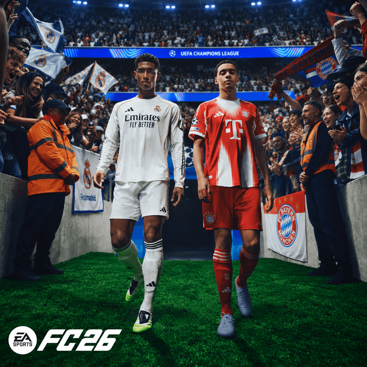 Квадратная AI-адаптация официального арта EA SPORTS FC 26: Jude Bellingham и Jamal Musiala выходят на стадион