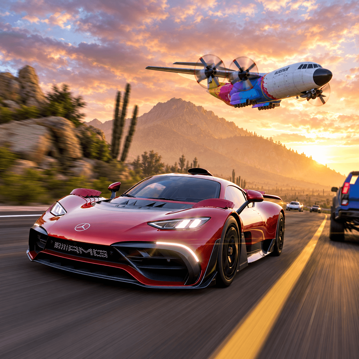 Сгенерированная адаптация кадра Forza Horizon 5: красный автомобиль и самолёт фестиваля на дороге в Мексике на закате.