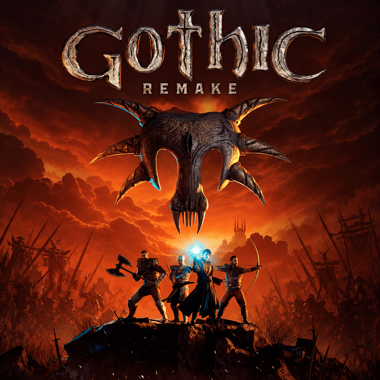 Gothic Remake — металлический знак Спящего над четырьмя персонажами на фоне оранжевого неба, полный официальный wordmark; сгенерированная адаптация арта THQ Nordic.