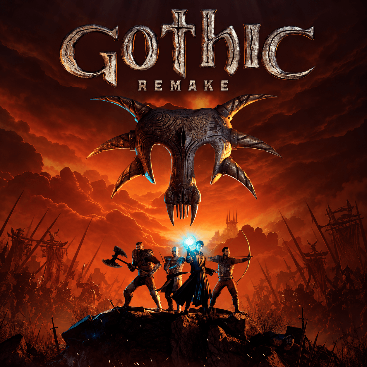Gothic Remake — металлический знак Спящего над четырьмя персонажами на фоне оранжевого неба, полный официальный wordmark; сгенерированная адаптация арта THQ Nordic.
