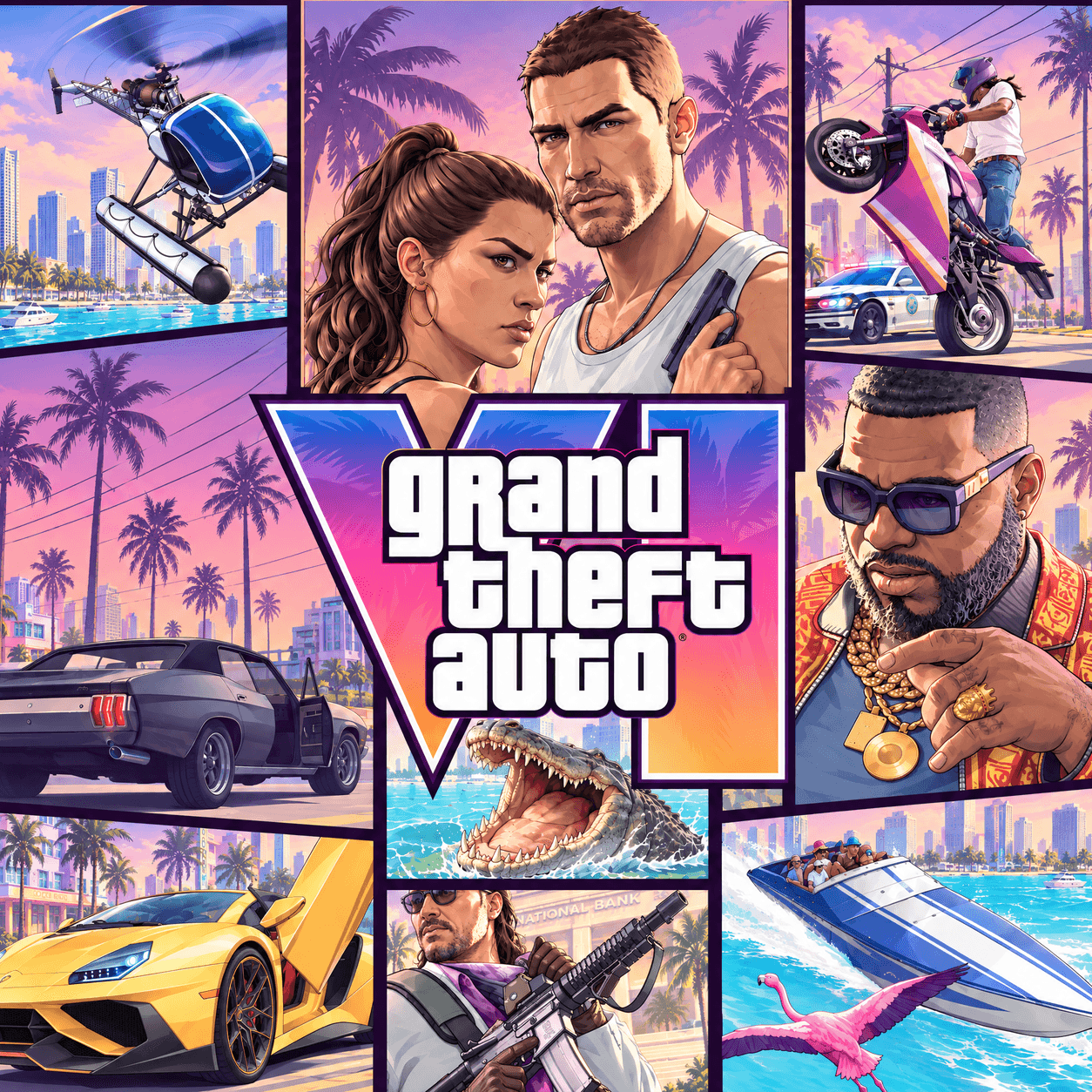 Джейсон и Люсия в центре комикс-коллажа о Вайс-Сити с логотипом Grand Theft Auto VI — сгенерированная адаптация официальной обложки Rockstar Games
