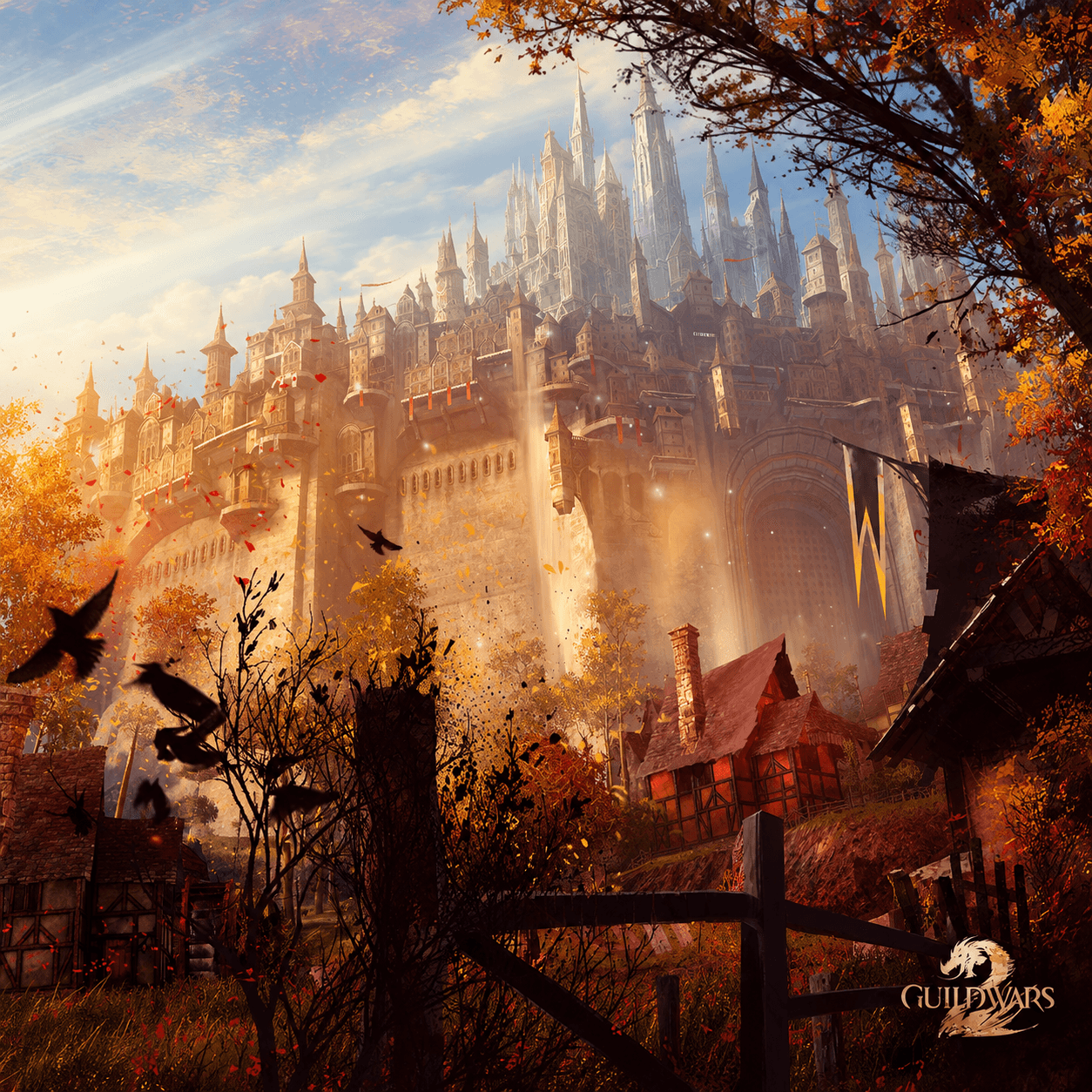 Город Divinity’s Reach в тёплом осеннем свете — сгенерированная композиционная адаптация официального арта Guild Wars 2