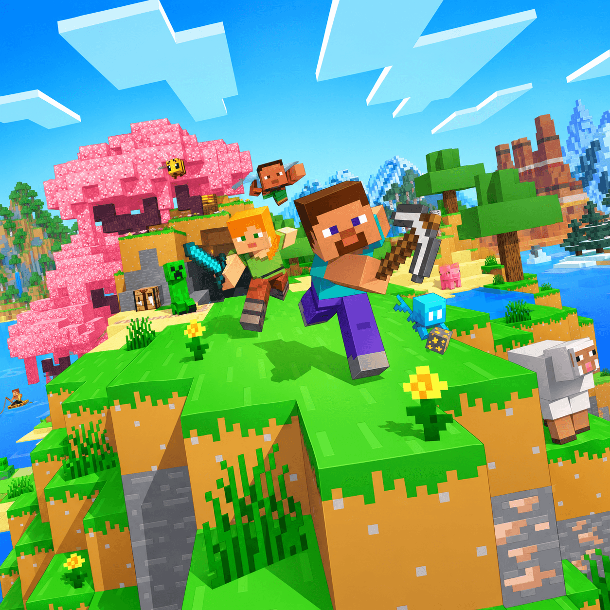 Стив и Алекс с инструментами на травяном утёсе в мире Minecraft, рядом с вишнёвым деревом и мобами.