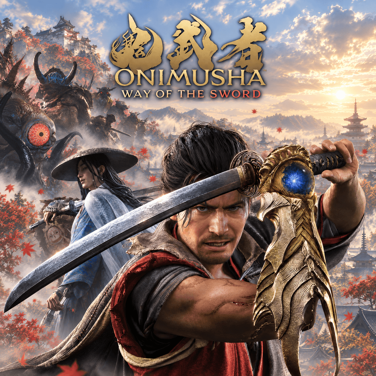 Миямото Мусаси с мечом и перчаткой Они на фоне Киото, логотип Onimusha: Way of the Sword — сгенерированная адаптация официального арта Capcom