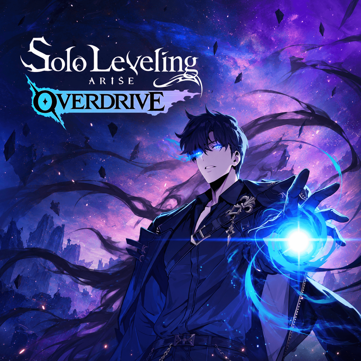 Sung Jinwoo с синим светящимся шаром и названием Solo Leveling ARISE OVERDRIVE; сгенерированная адаптация официального арта