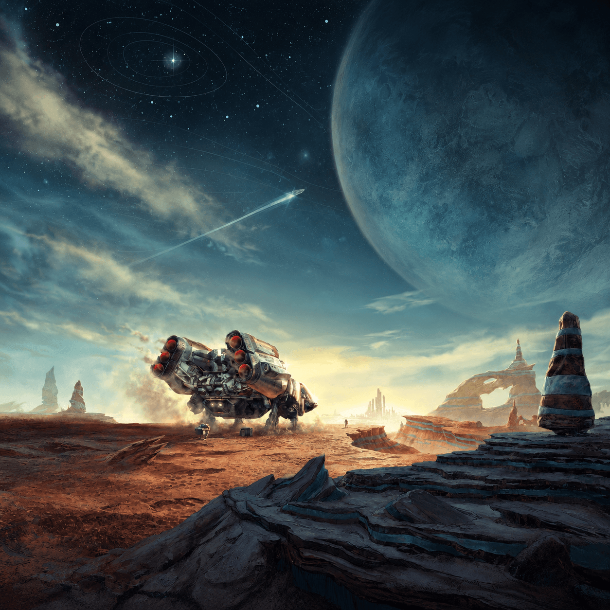 Корабль Frontier на скалистой планете под большим небесным телом — адаптация официального арта Starfield.