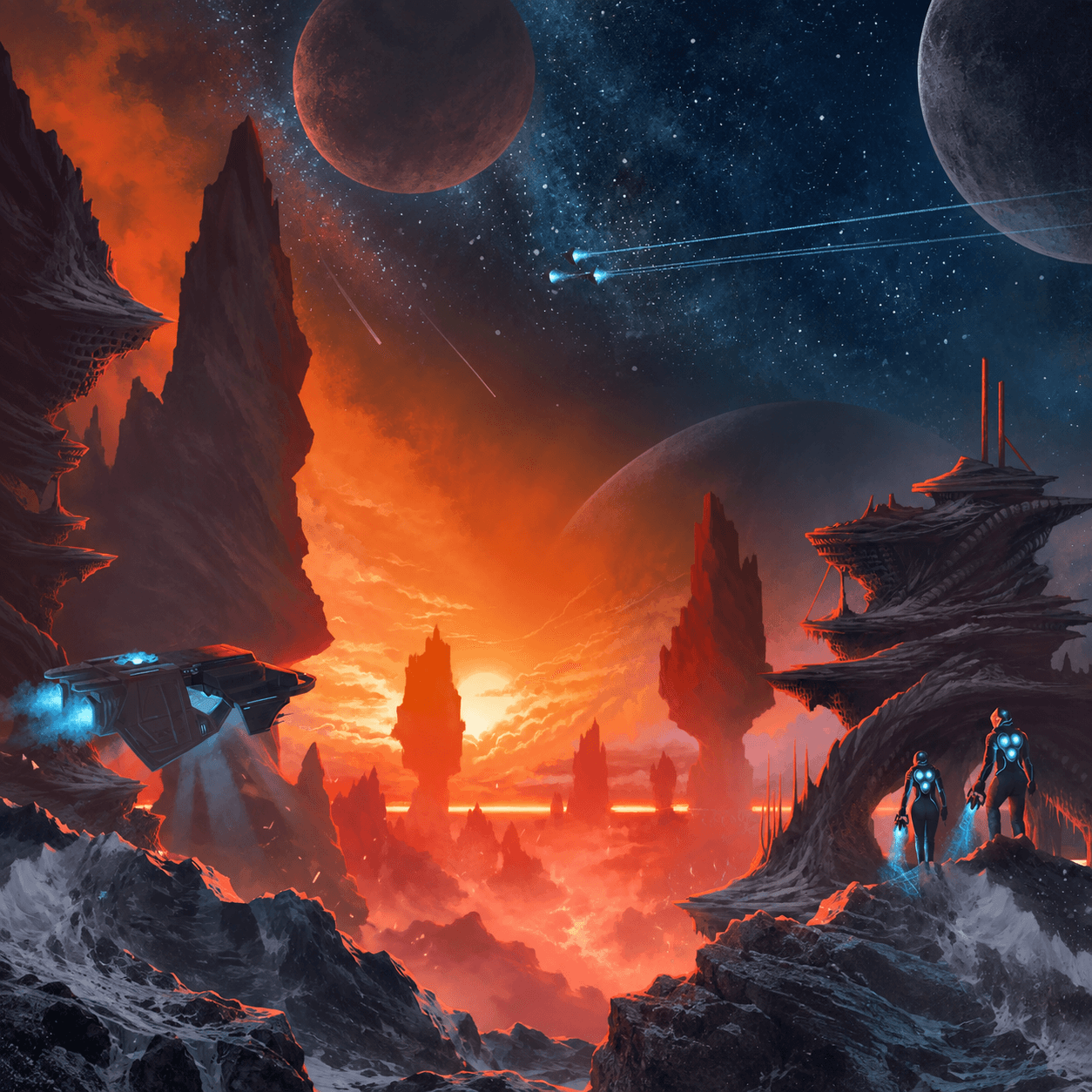 Квадратная адаптация арта Stellaris: исследователи и корабль среди скал под оранжевым закатом и звёздным небом.