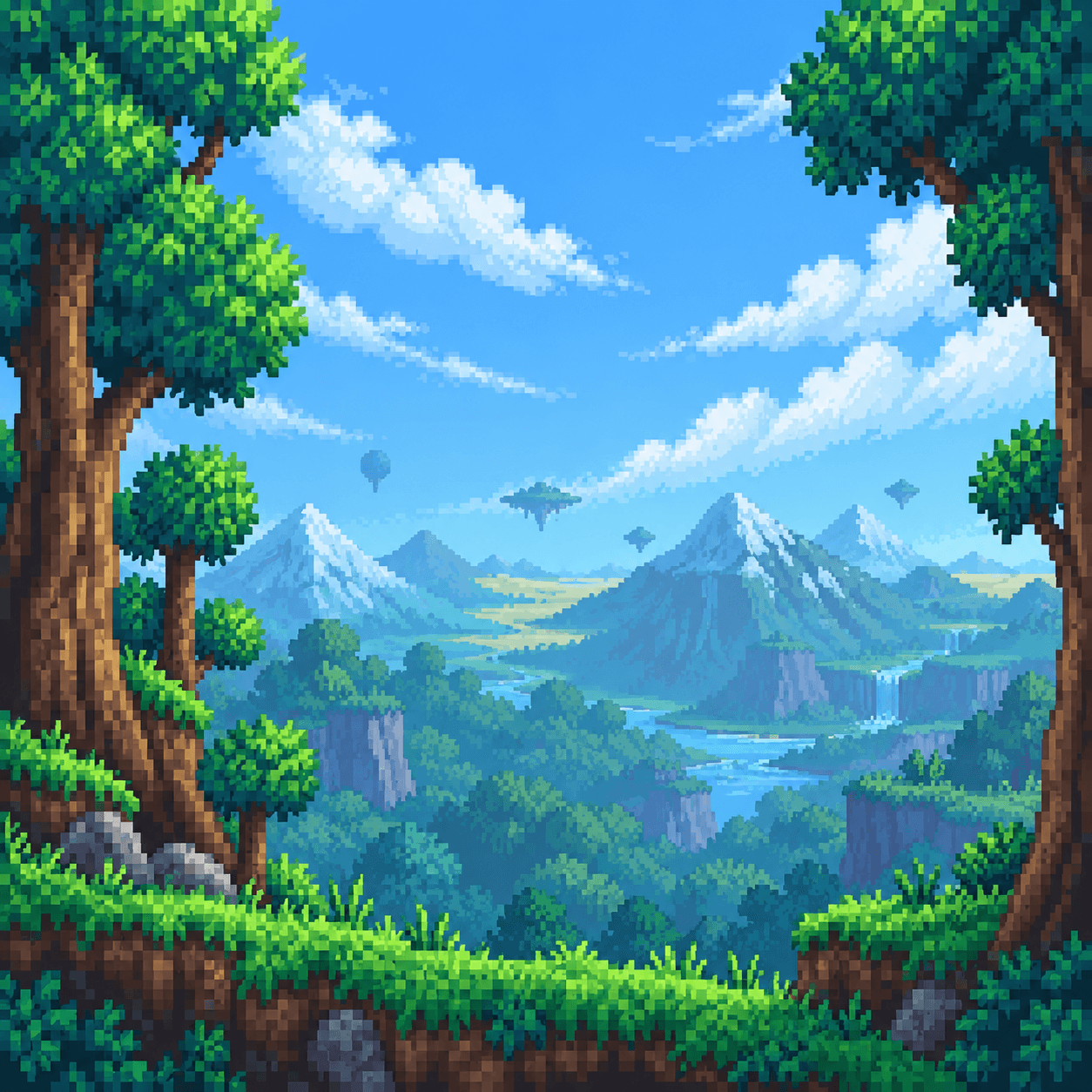 Пиксельная иллюстрация пейзажа Terraria: деревья у травяного уступа, горы, река и парящие острова.