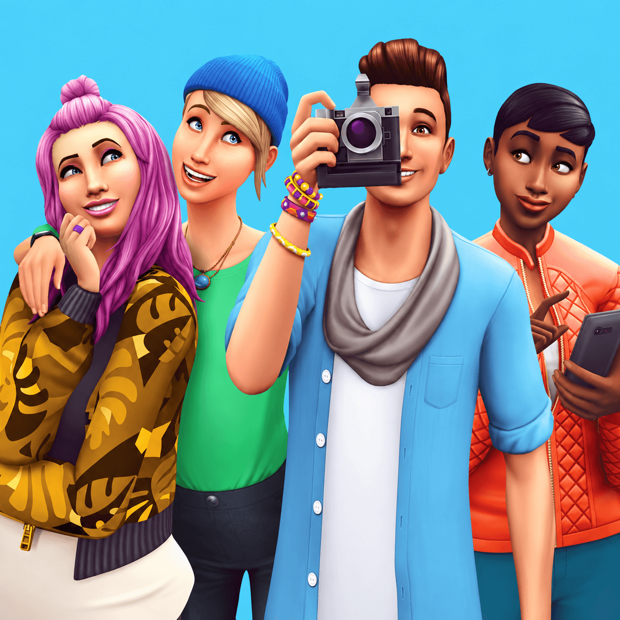 Четыре персонажа The Sims 4 на голубом фоне — сгенерированная адаптация официального промо-арта EA