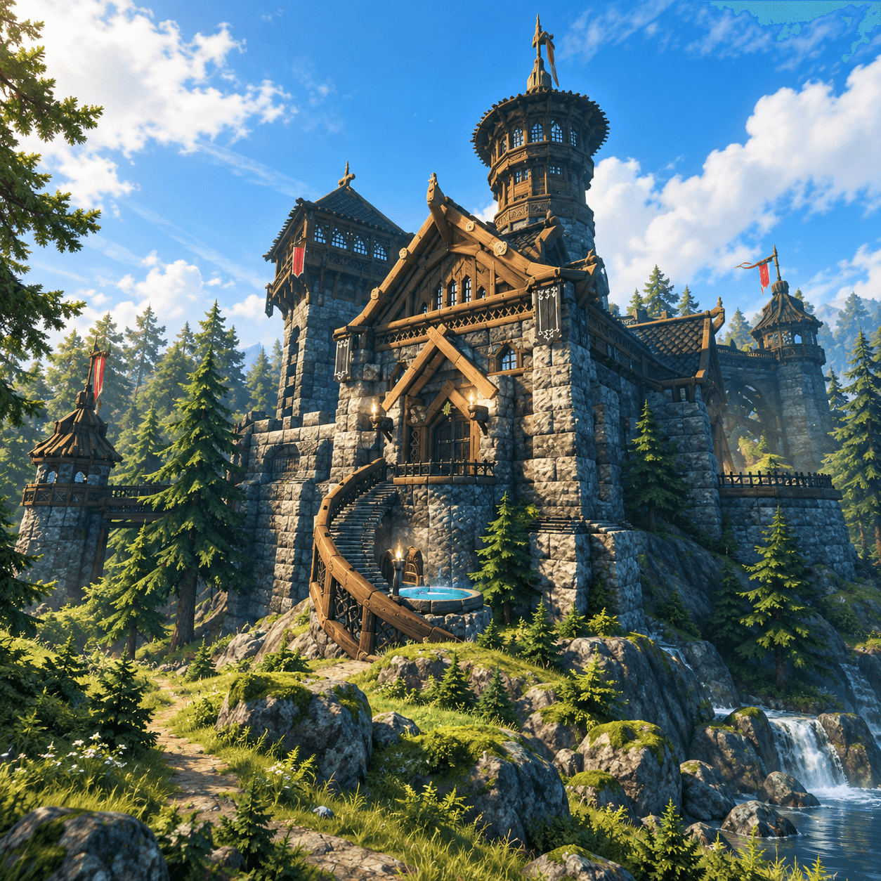 Каменный замок с деревянными башнями среди хвойного леса под голубым небом — сгенерированная адаптация официального пейзажа Valheim
