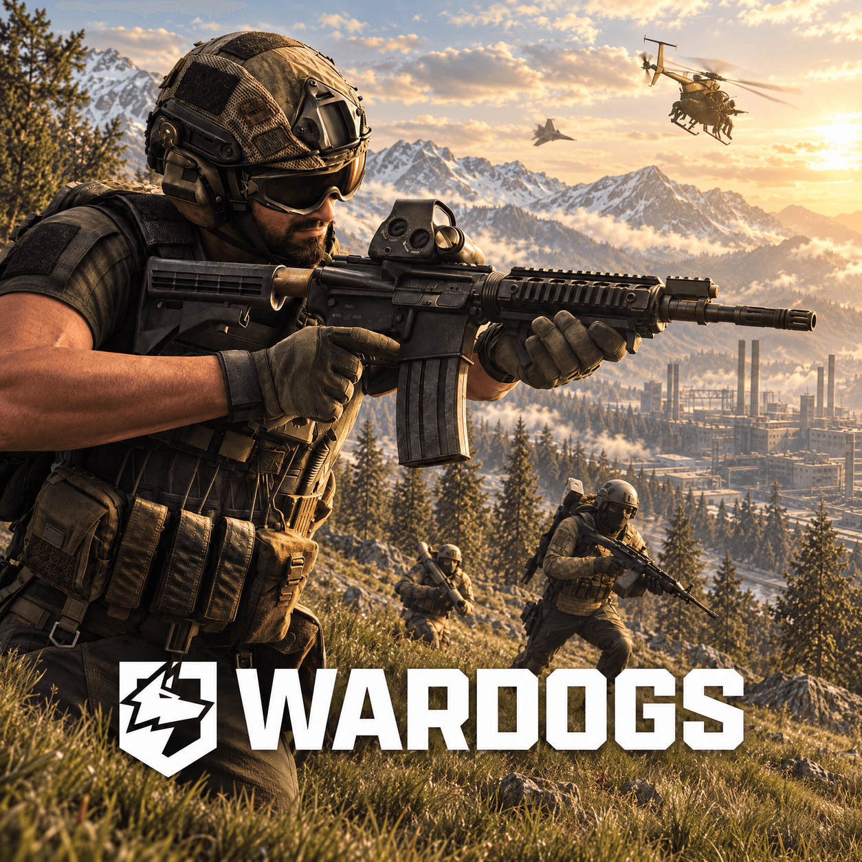 Солдат целится с горного склона, за ним отряд и вертолёты, логотип WARDOGS — сгенерированная адаптация официального арта
